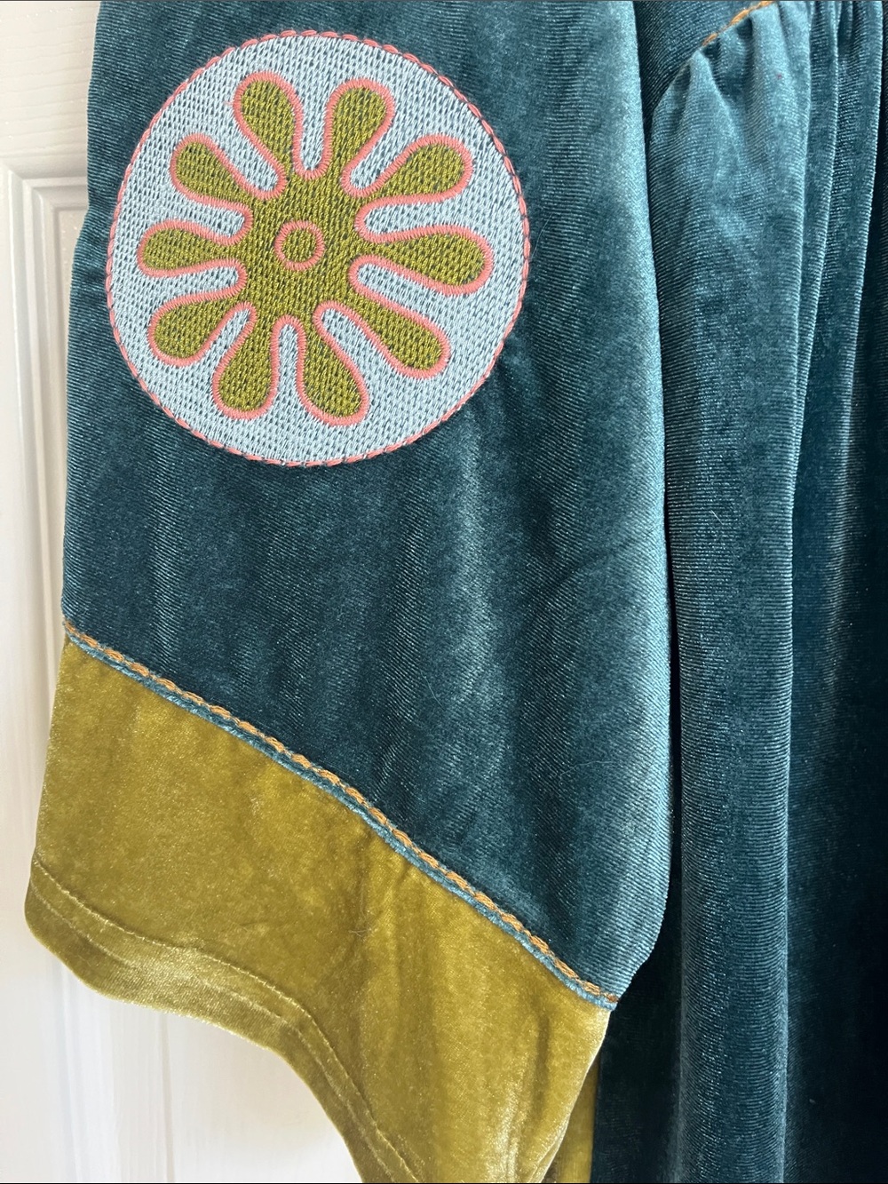 Boho Velvet Embroidered Peasant Top - Teal & Olive - Picture 4 of 5